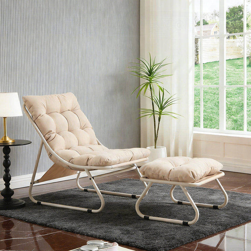 Chaise longue d'extérieur avec repose-pieds et coussin, Beige, Blanc