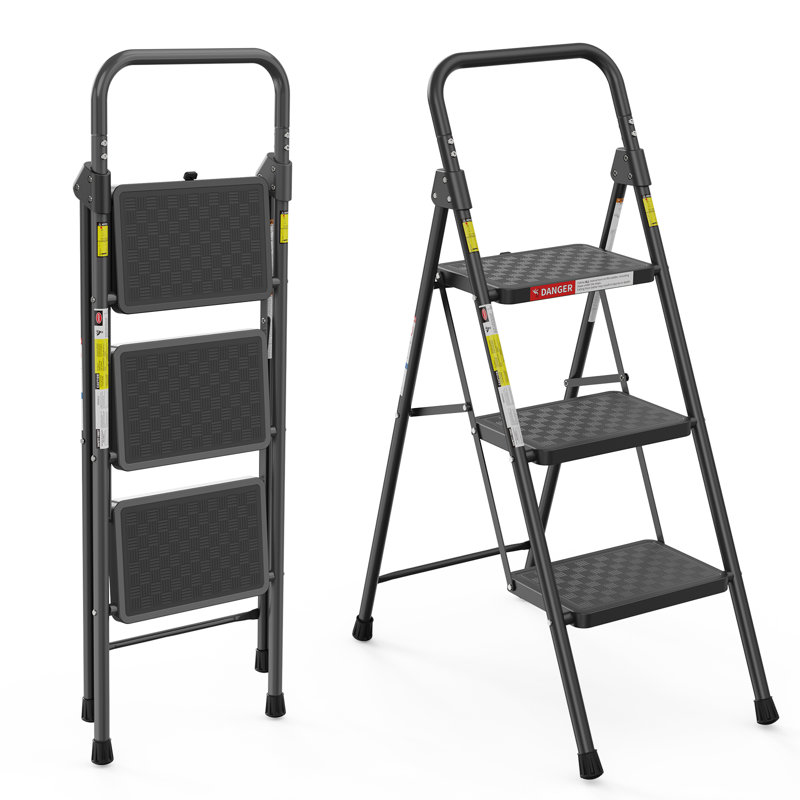 Échelle pliante à 3 marches, tabouret à 3 marches pour adultes, escabeau à 3 marches avec poignée rembourrée, pédale large, charge lourde de 330 lb