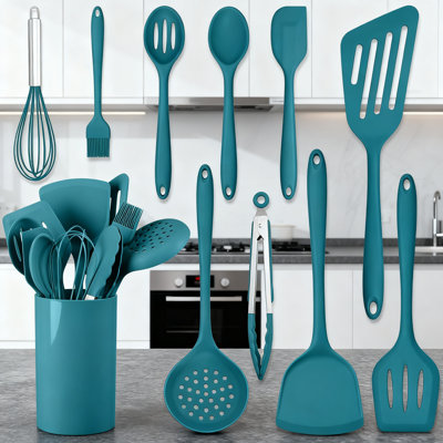 11-Piece Silicone Cooking Utensils Set With Holder, Heat Resistant Non-Scratch Kitchen Tools For Nonstick Cookware, Food-Grade Spatula Turner Spoon And More