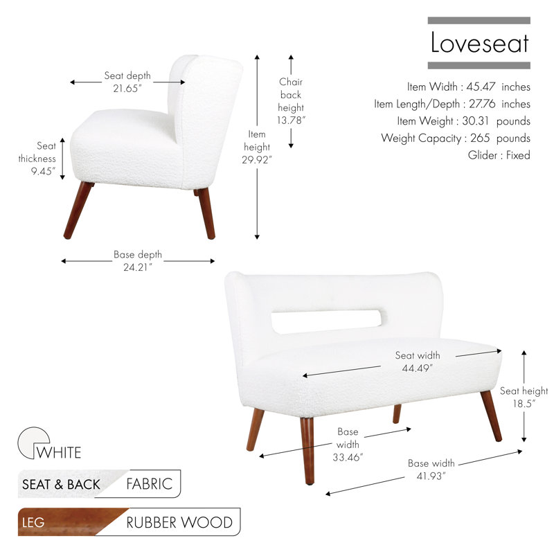Ashyia 45.47'' Loveseat with Rubberwood Legs, White