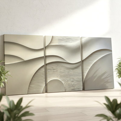 3 Pieces Abstract Neutral Tones Large Wall Art with Textured Waves for Modern Decor, Three Pieces Wall Art for Living Room, Bedroom, and Office Decor