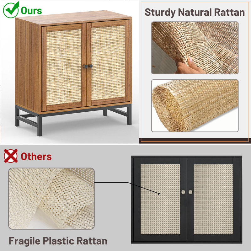 Buffet 2 portes en noyer et rotin - Petite armoire de rangement moderne de style Mid-Century pour la cuisine, le salon et la salle à manger