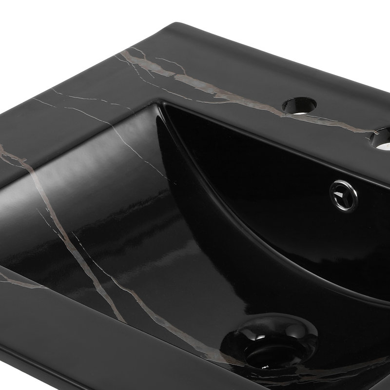 Plateau de meuble-lavabo à simple cuve rectangulaire contemporain en céramique à 3 trous 24 po Ancillary, Marbre noir