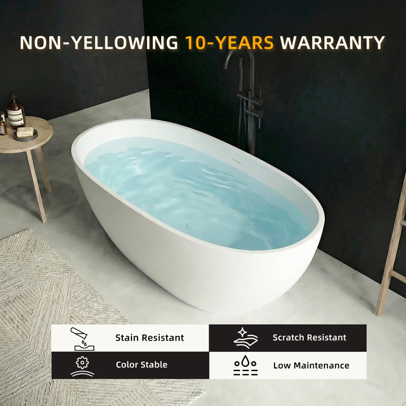 63" Resin Stone Freestanding Bathtub, Elegant Oval Freestanding Bathtub, Solid Surface Bathtub, Matte White, Cupc Certified, Pop-up Drain Pipe, And Minimalist Linear Design Overflow