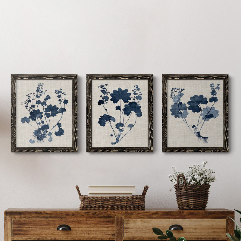 Bleu marine et feuilles de lin II - ensemble de 3 peintures sur toile encadrées, H 20 po x l 51 po x P 1,5 po