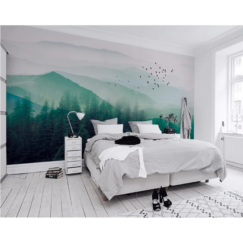 Papier peint amovible Misty Forest Trees Birds Leaves, L 114 po x l 204 po