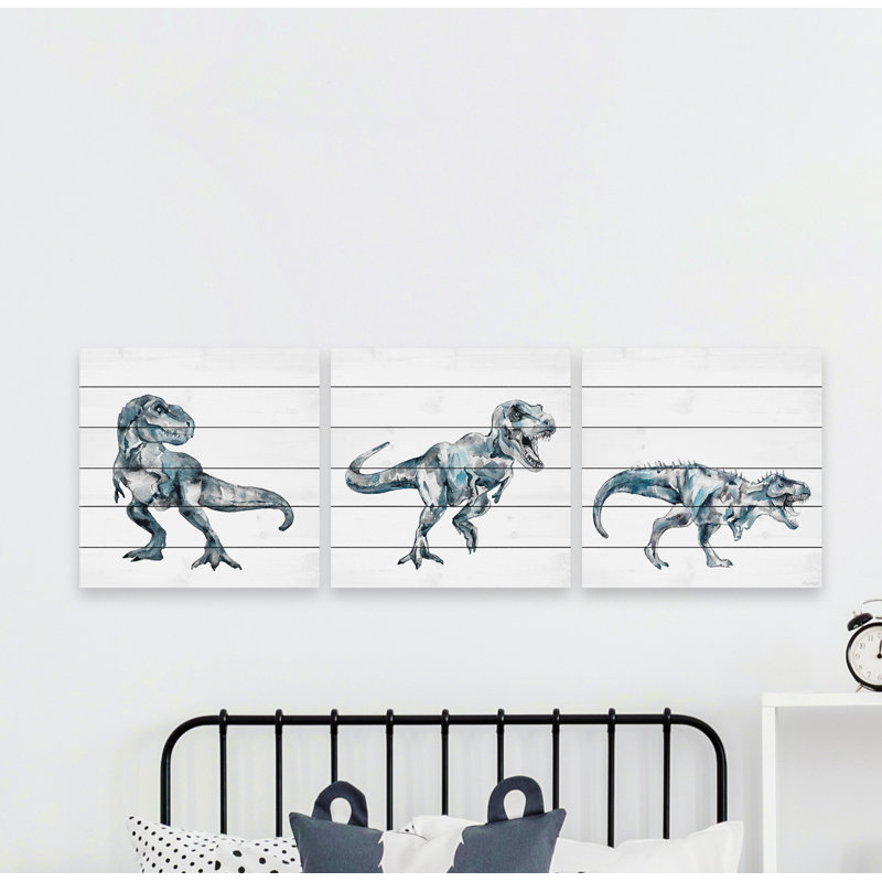 Ensemble de 3 pièces Bite and Fight T-Rex sur bois blanc, H 24 po x l 24 po x P 1,5 po