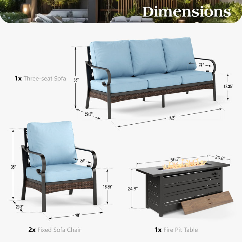 7 - Person Outdoor Furniture Sets With Thick Cushions, Blue Cushion/Black Frame