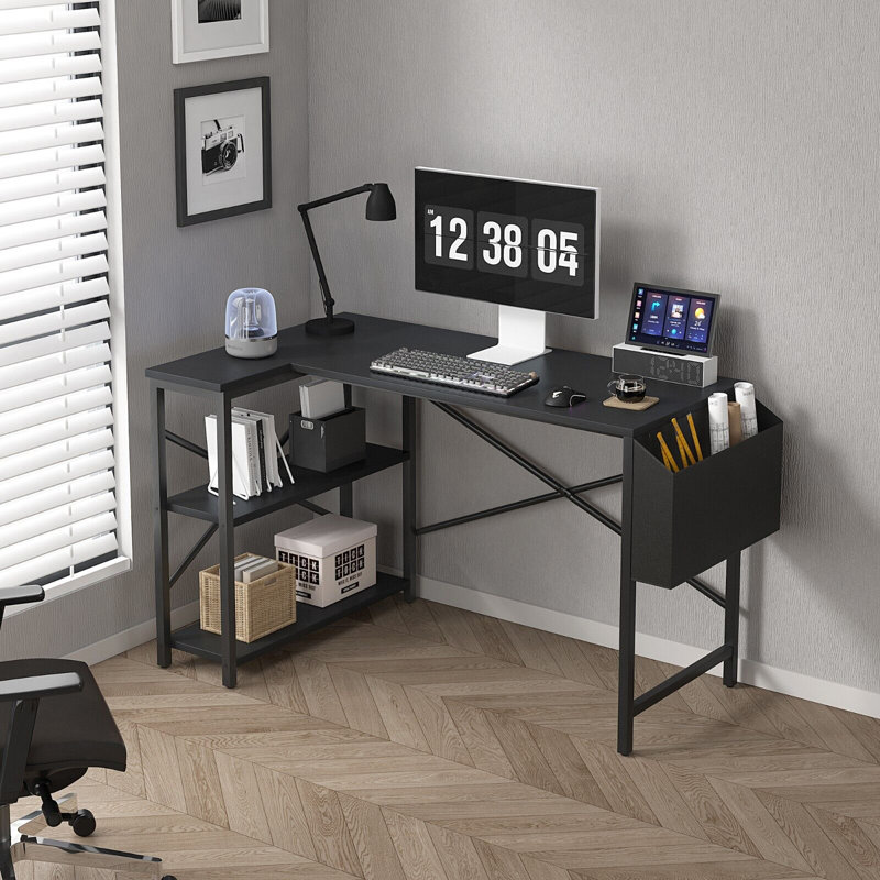 Abiegail L-Shaped Computer Desk, 74" H x 120" W x 75" D, Black