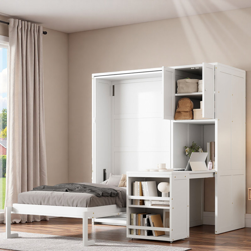 Lit escamotable avec armoire supérieure, bureau extensible et bibliothèques ouvertes, Blanc
