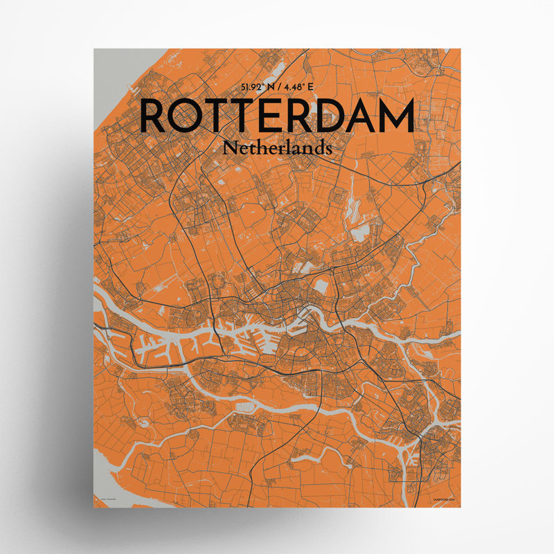 Rotterdam City Map In Orange - No Frame Print, 20cm H x 16cm W x 0.05cm D