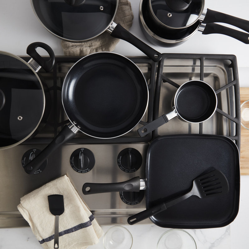 Basic Essentials 16-Piece Nonstick Aluminum Cookware Set with Mini Egg Pan, Black