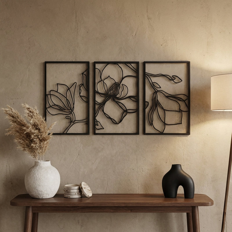 Metal Floral Wall Art Set - 3 Piece Line Art, Black, 27" H x 54" W x 1" D