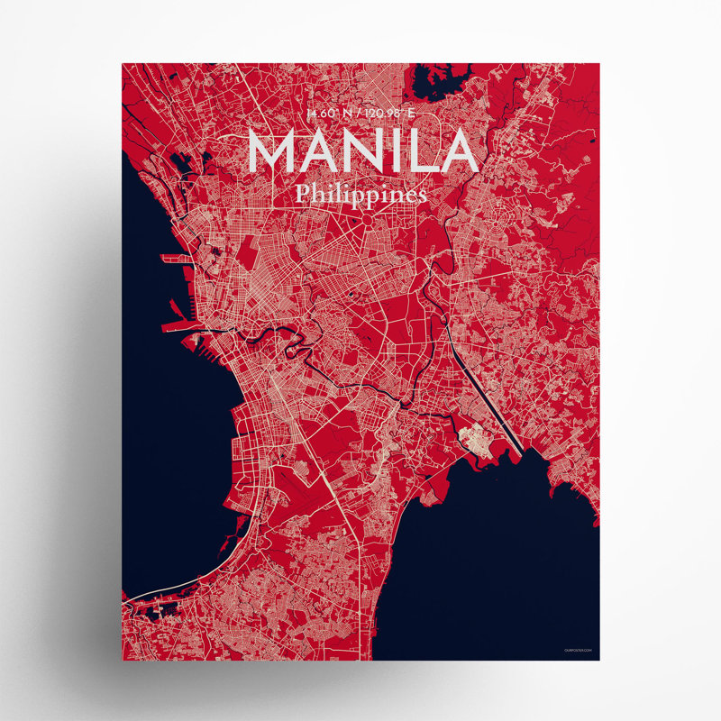 Manille, carte de la ville, impression, Rouge / Bleu marine, H 20 po x l 16 po