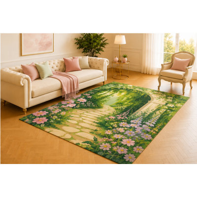 "Ultra Lightweight" 5'x7' Garden Archway Rug, Pink and Lavender Flowers along a Sunlit Stone Path, Romantic Decor for Living Room, Bedroom, Sunroom or Entryway