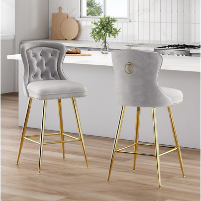 Bar Stools Set of 2, Velvet Counter Height Bar Stools with Metal Legs, Button Tufted and Nailheads Trim, Wing-Back Bar Chairs for Kitchen Island Dining Room Pub