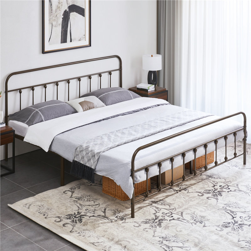 Bronze King Size Metal Platform Bed with High Headboard