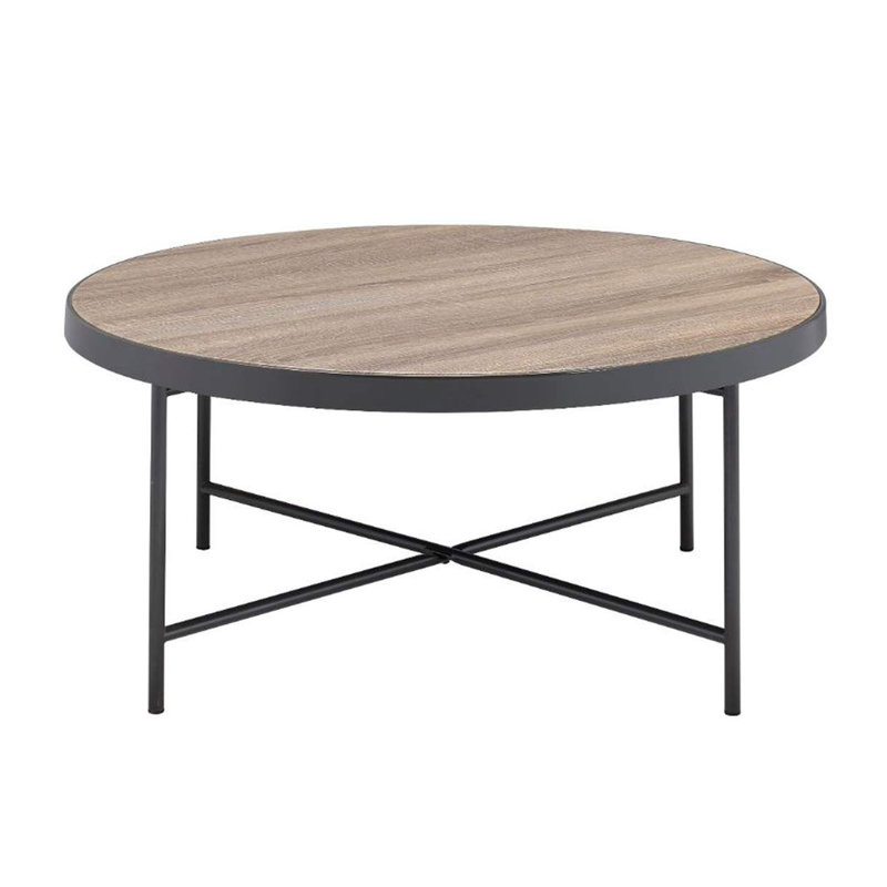 Table basse ronde en bois avec structure en métal, chêne gris vieilli