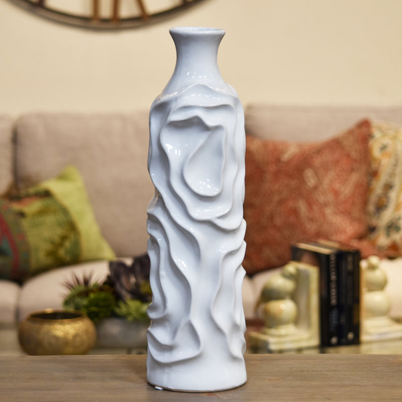 Vase de table rond en céramique, 12" H x 3,75" L x 3,75" D, blanc