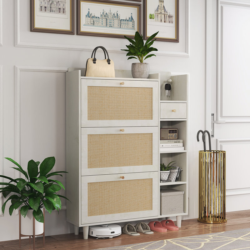 Versatile Bohemian Shoe Cabinet with Multiple Storage Options for Hallways, White