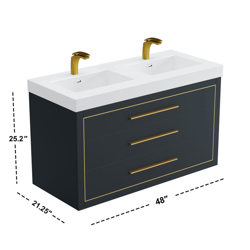 Meuble-lavabo mural double 49 po avec surface solide 49 po, Gris anthracite, Laiton