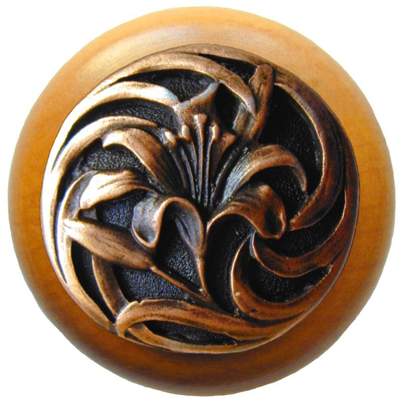 Poignée champignon floral de 1,5 po de diamètre, Cuivre antique / bois d'érable