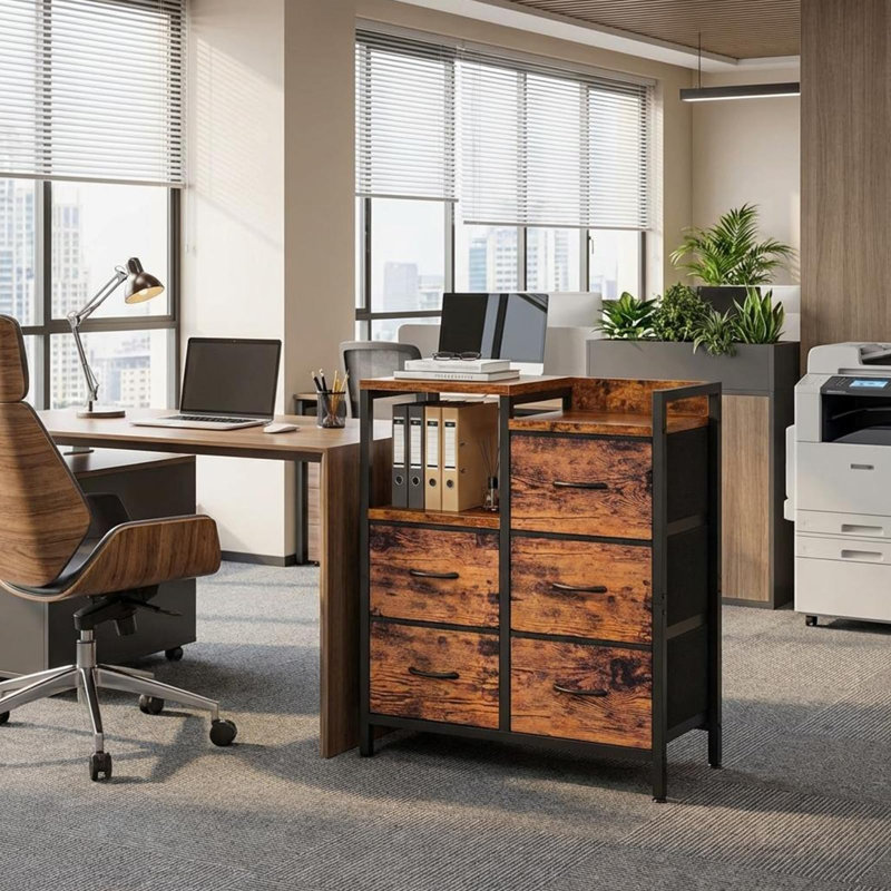 Classeur mobile à 5 tiroirs avec tablette de rangement ouverte - Support pour imprimante à roulettes - Classeur latéral en tissu pour bureau à domicile - Convient aux dossiers de format A4 / Lettre - Organisateur de rangement de bureau - Couleur bois