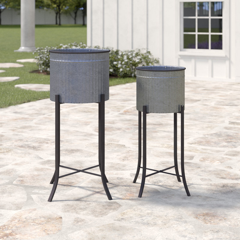 Silver and Black Corrugated Metal Round Planters with Stands, Set of 2