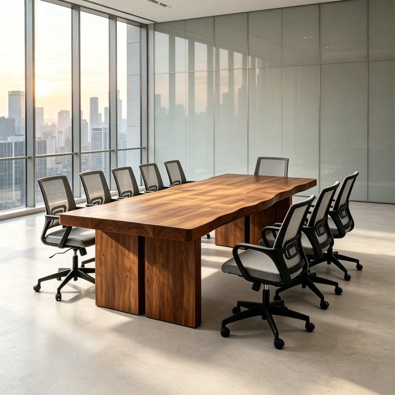 Ensemble de table de conférence en bois massif à bords naturels avec 8 chaises de bureau ergonomiques en maille, Noir / Noir