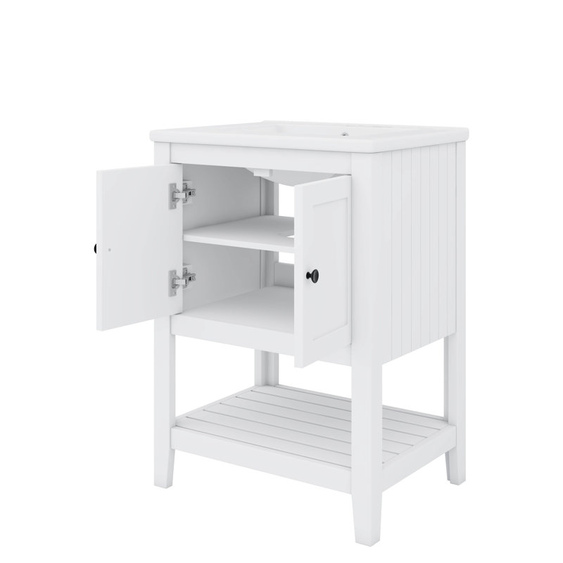 Meuble-lavabo contemporain élégant avec lavabo délicat en céramique et tablette ouverte, Blanc