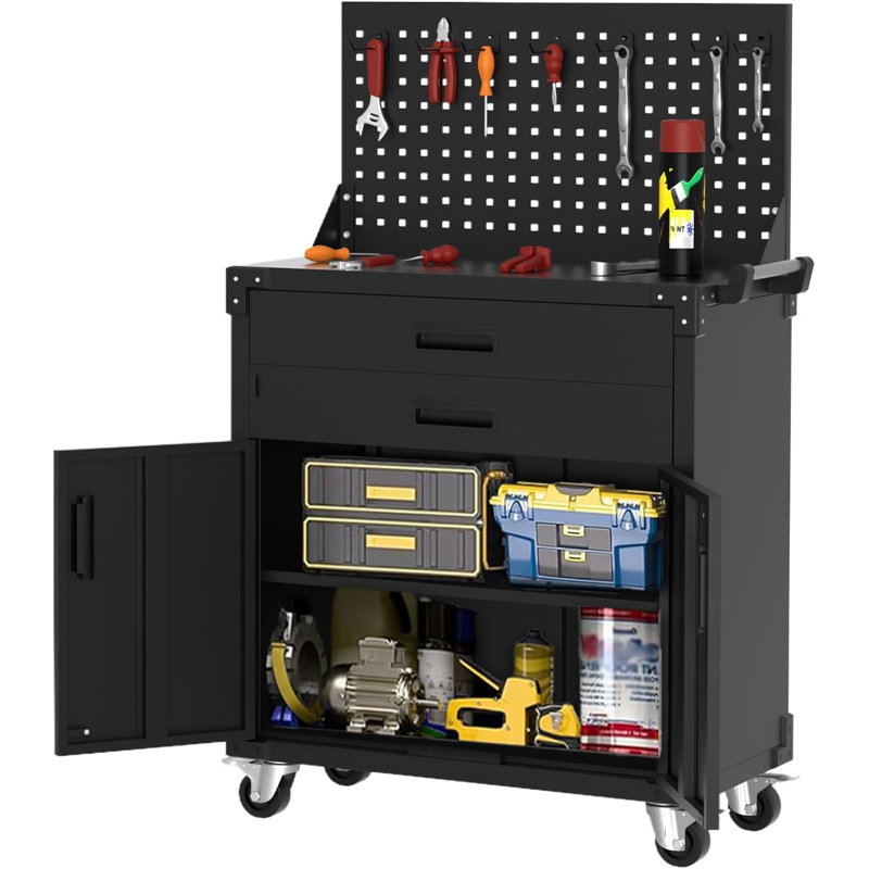 35” Heavy-Duty Rolling Tool Cabinet with Deep Drawers, Locking Casters & Pegboard | Industrial Steel Storage Organizer, Adjustable Shelves, Mobile Workbench for Garage, Workshop, Warehouse