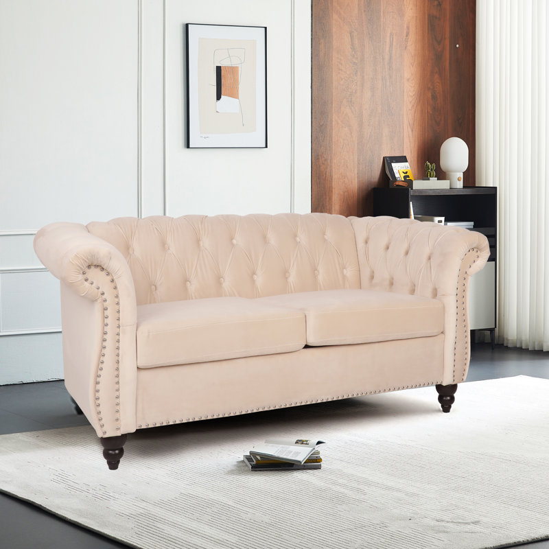 Johnette 62'' Velvet Rolled Arms Chesterfield Sofa, Beige Velvet