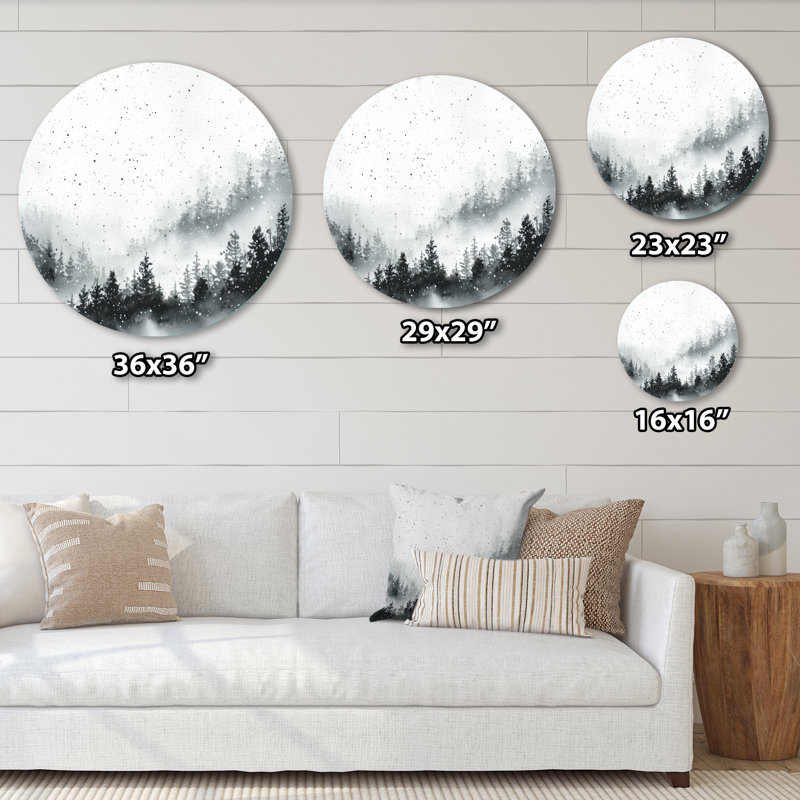 Décoration murale ronde en métal «Misty Winter Forest - Paysages», L 36 po x H 36 po