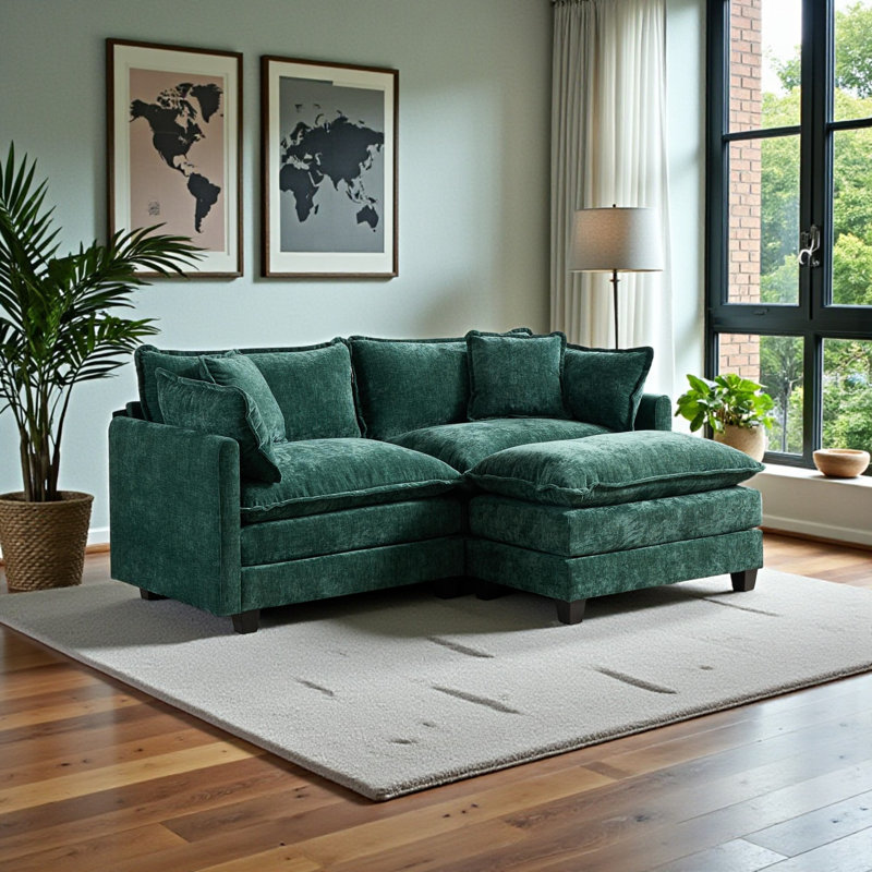 Geneveve 78"W Chenille Upholstered Loveseat Sofa With Ottoman, 4 Compressed Pillows & Compressed Foam Cushions, Green