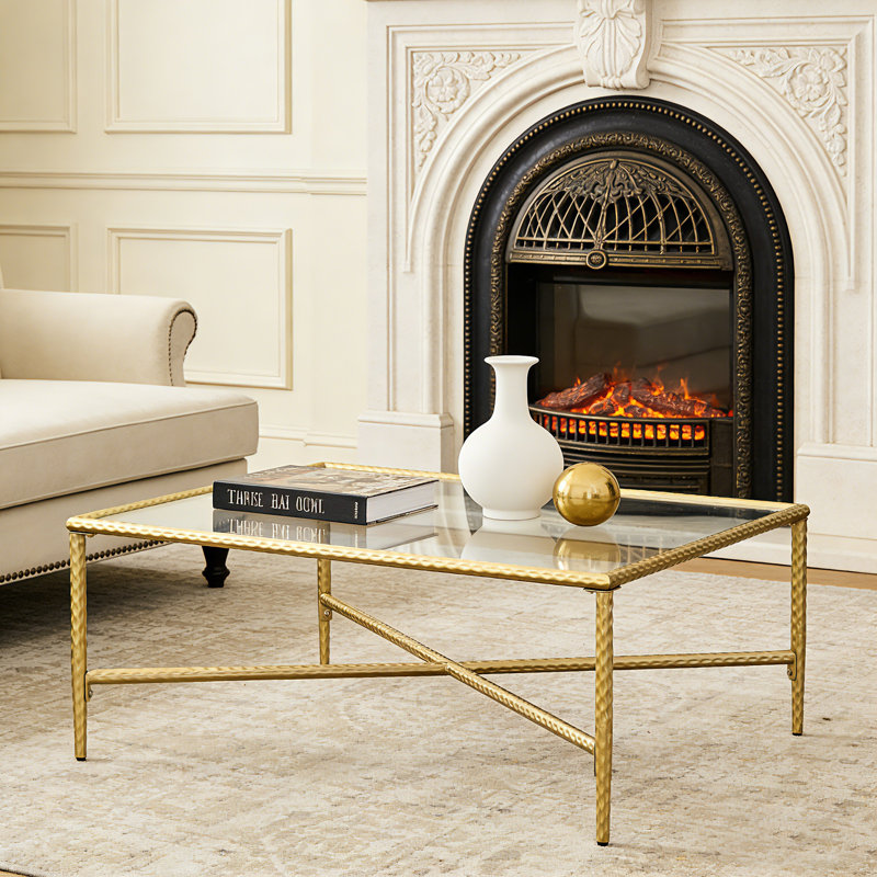Glass Coffee Table with Gold Metal Frame, Square