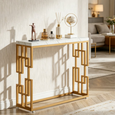 40" Gold & White Faux Marble Console Table, Modern Sofa Table with Geometric Metal Frame