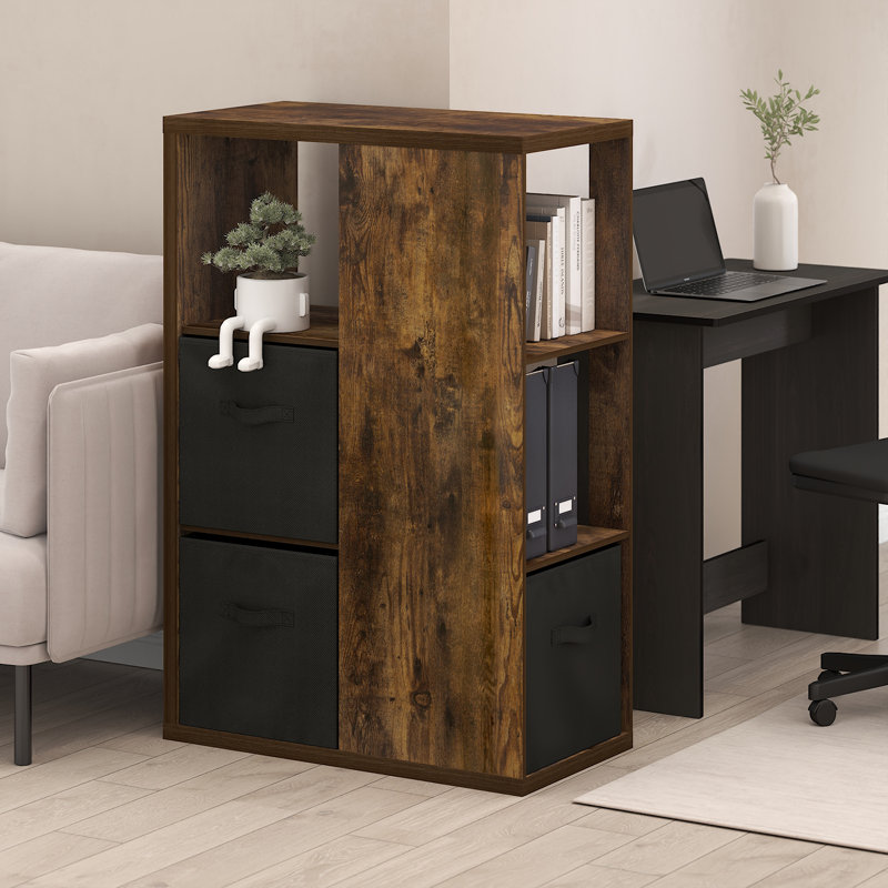 Samual 3-Tier Open Shelf Bookcase, Bookshelf, Storage Organizer, with Storage Bins, Amber Pine/Black