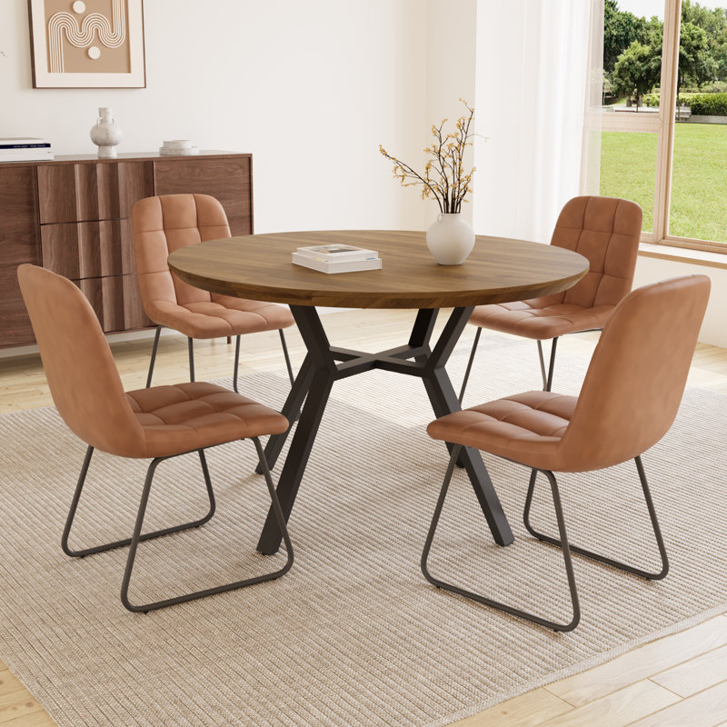 Clanton 43.2"-59.1" Extendable Round Dining Table Set, Mid Century Wooden Round Kitchen Table, Walnut Coffee Table For 4-6 Person,Pu Leather Chair