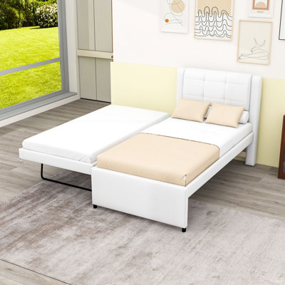 Twin Size Linen Upholstery Platform bed with Twin Trundle