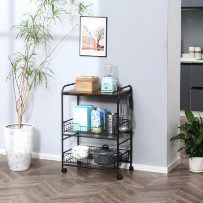 Rustic Brown Kitchen Island With Wheels. 3 Tier, 2 Sliding , Side Hooks For Versatile Storage In And Dining Rolling Cart Living Room. Brown, Hooks, Wh by Red Barrel Studio