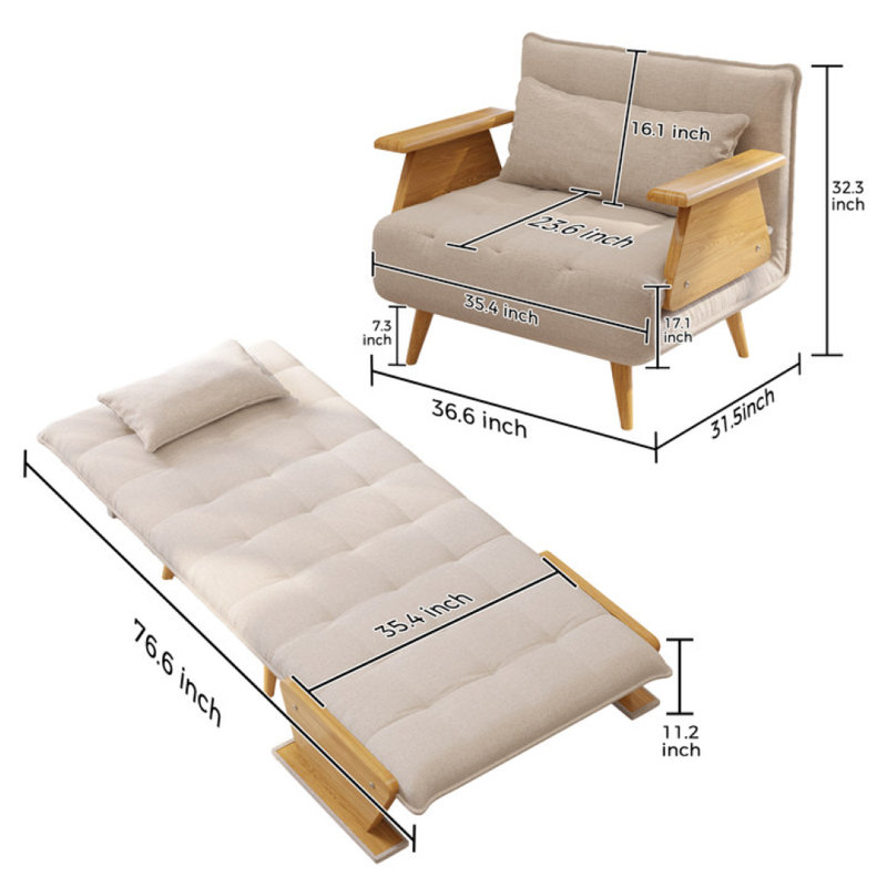 Canapé-lit rembourré convertible, chaise-lit réglable 3-en-1, H 32,3 po x l 36,6 po x P 31,5 po