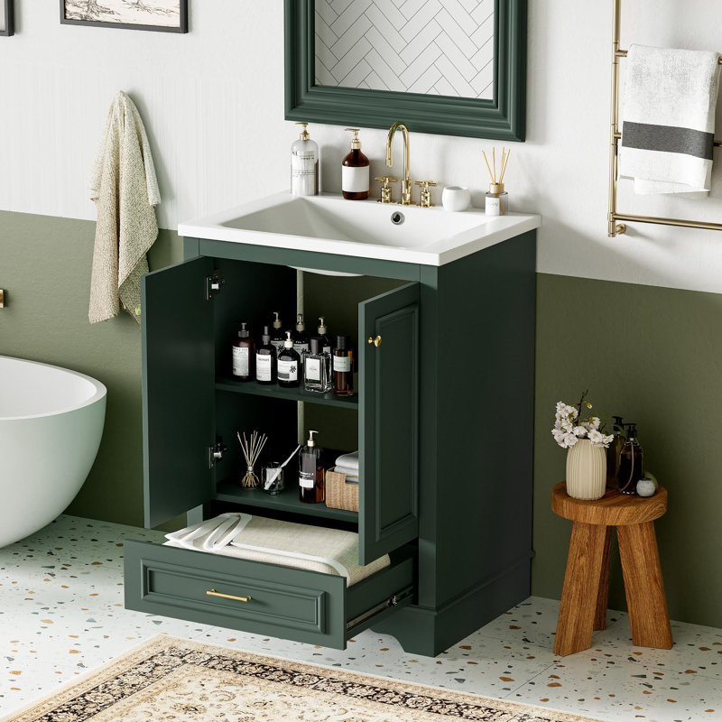 24" Bathroom Vanity with Ceramic Sink, Green, Silver