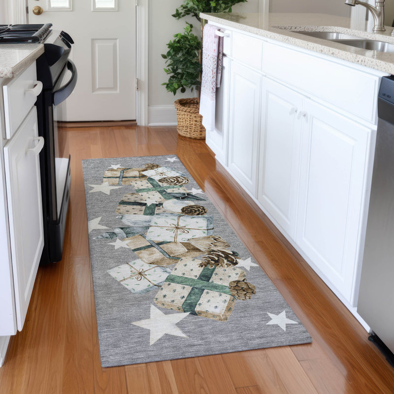 Machine Washable Indoor/Outdoor Christmas Presents Xhevrie Gray Rug, Runner 2'3" x 7'6"
