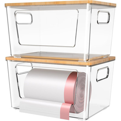 2-Pack Stackable Trash Bag Holder With Bamboo Lid, Extra-Large Dispenser For Kitchen, Laundry Room, Or Under Sink Storage