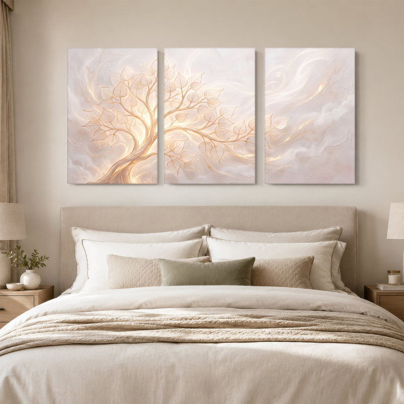 Arbre doré lumineux sur fond crème tourbillonnant - Ensemble de 3 toiles murales, 36"H x 24"W x 3pcs