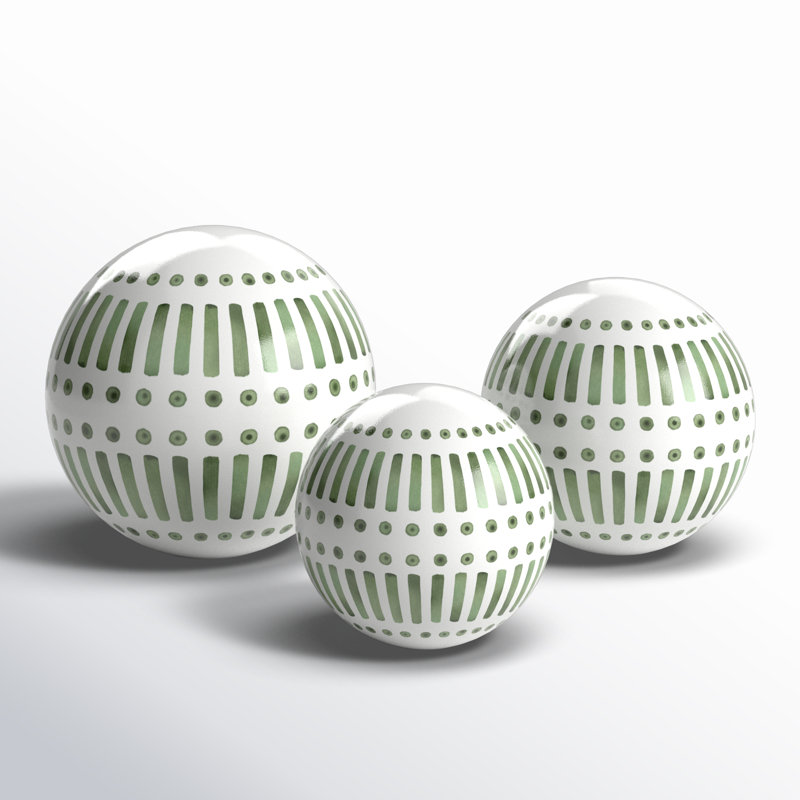 Neutral Modern Line Design Decorative Orb Set of 3, Green