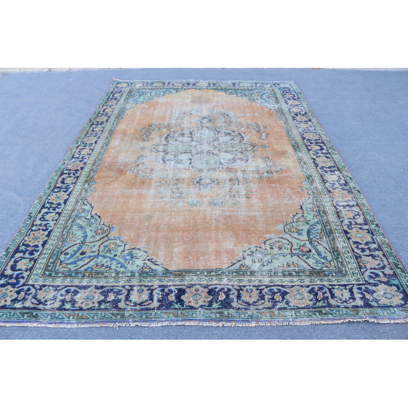 Grand tapis turc antique en laine Oushak de style nomade orange et bleu antique