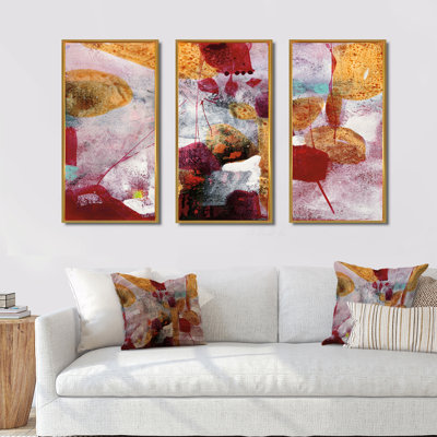 Aquarelle abstraite avec rouge et jaune - ensemble d'art moderne sur toile encadré moderne et contemporain de 3