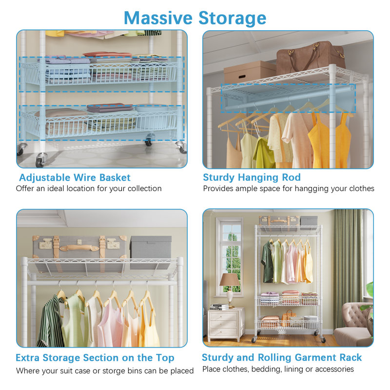White Metal Free-Standing Closet with Adjustable Shelves and Wheels