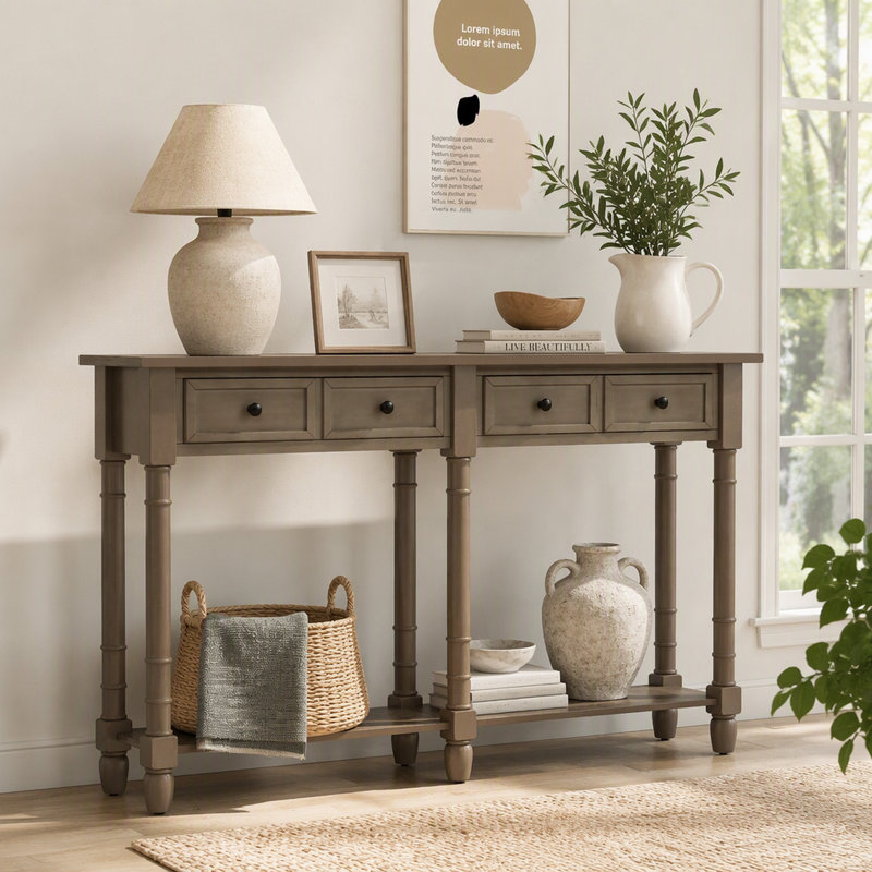Console avec deux tiroirs de rangement et une tablette inférieure, bois lavé gris, assemblage facile pour le salon, entrée (comprend une seule table de salle à manger)